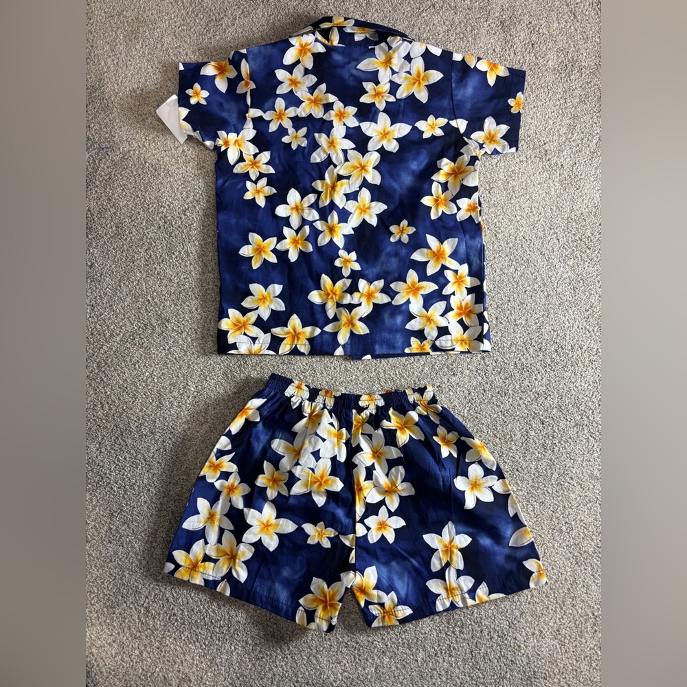 Royal Hawaiian Creations Button Up Hawaiian Plumeria Button Down/shorts Luau 6 - Picture 2 of 7